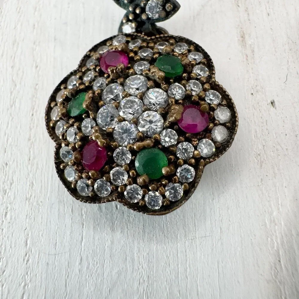 Ruby And Emerald Sterling Silver And Brass Turkish Flower Earrings And Pendant